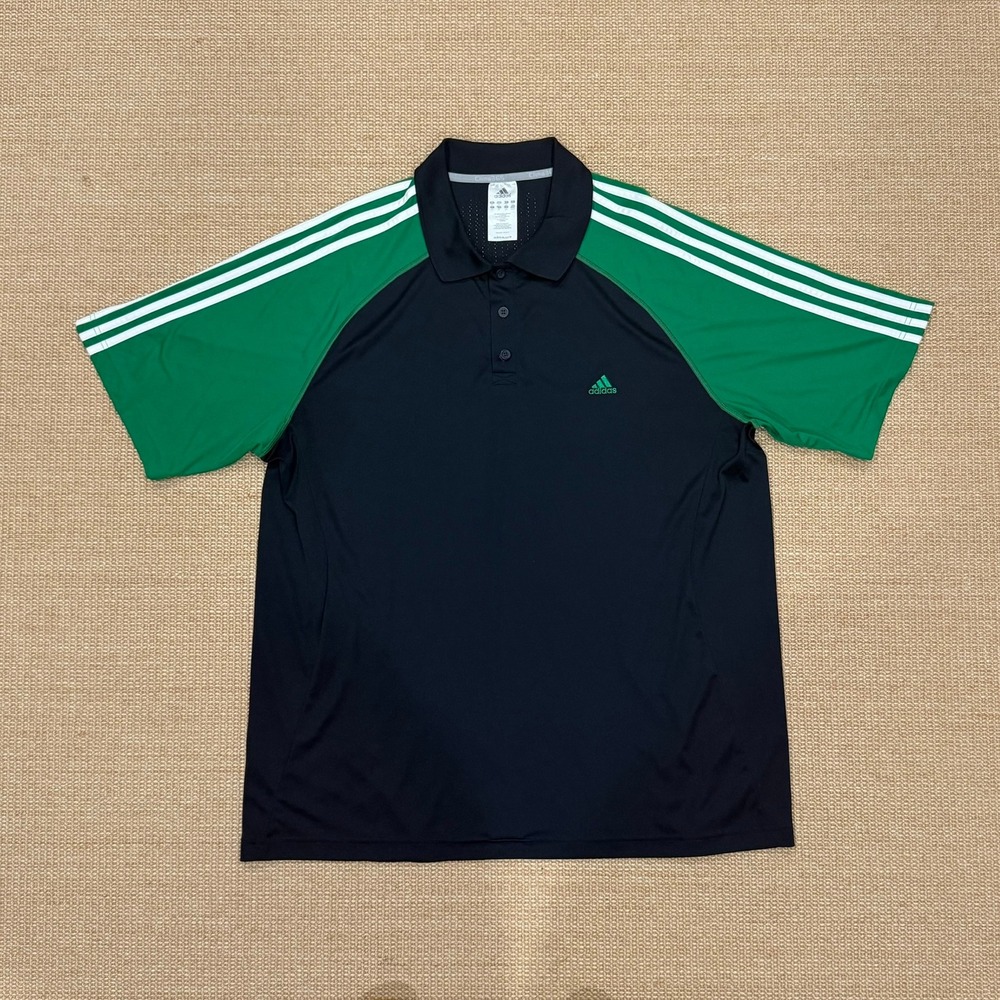Adidas ClimaCool Polo Shirt Mens 2XL Navy Blue Green 3 Stripe Mesh Back Golf Tee